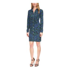 MICHAEL MICHAEL KORS Womens Blue Ruched Unlined Snap Closure Front Long Sleeve